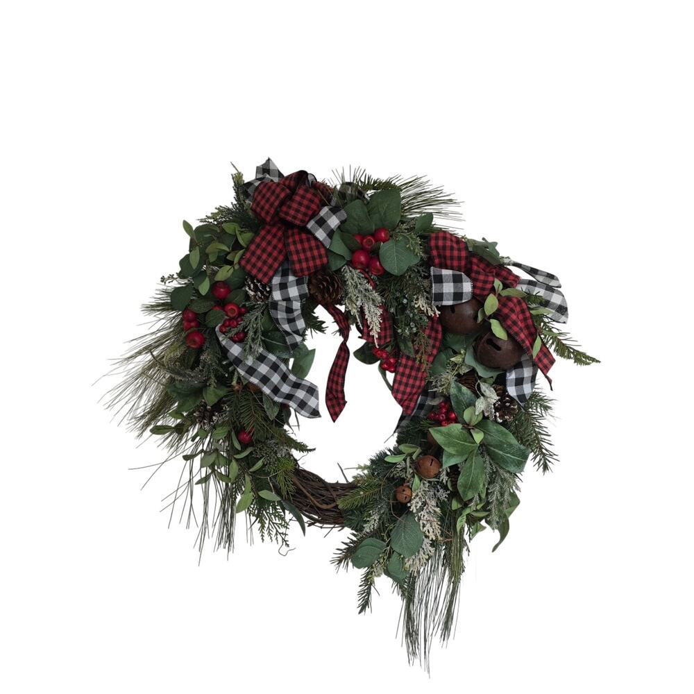Handmade Buffalo Plaid Farmhouse Christmas Wreath Bells Berries Pinecones